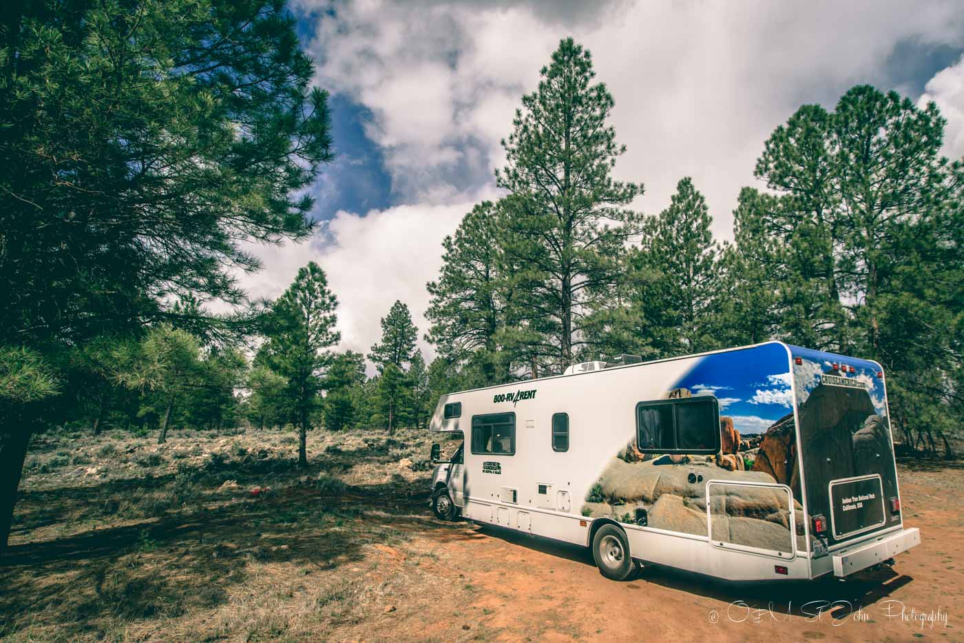 Road Trip USA: Cruise America RV parked in Kaibab National Forest. Arizona.